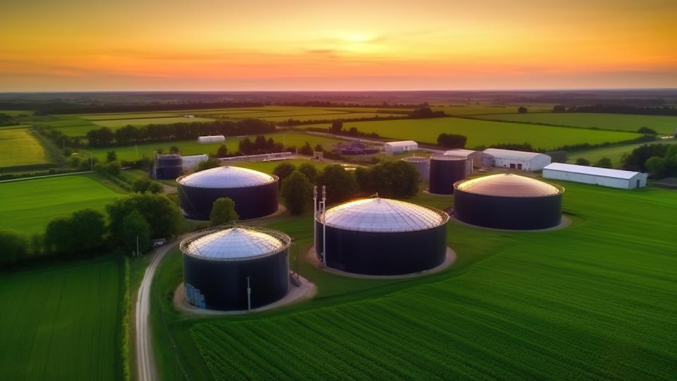 Biogasanläggning med flera cisterner som ligger bredvid ett grönområde
